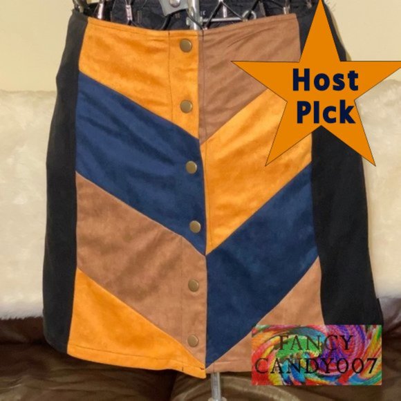 Lunik Perseus Color Block Chevron Suede Skirt Size L - Navy, Black, Ambe… - Picture 2 of 12